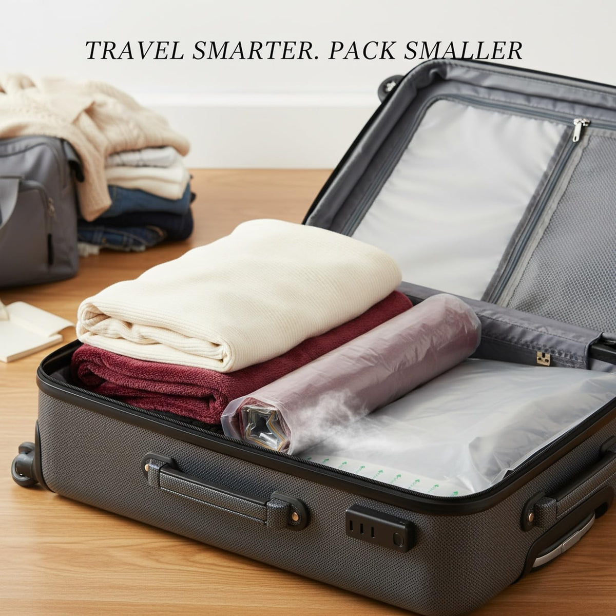 Manual Roll-Up Vacuum Storage Bag for Clothes & Bedding - Space Saver for Travel, Closet & Drawer Organization (1 Pack, Transparent)