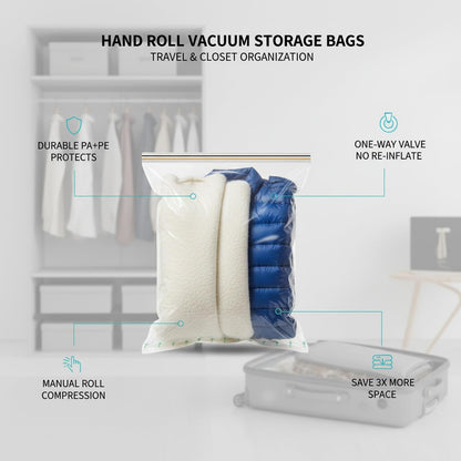 Manual Roll-Up Vacuum Storage Bag for Clothes & Bedding - Space Saver for Travel, Closet & Drawer Organization (1 Pack, Transparent)