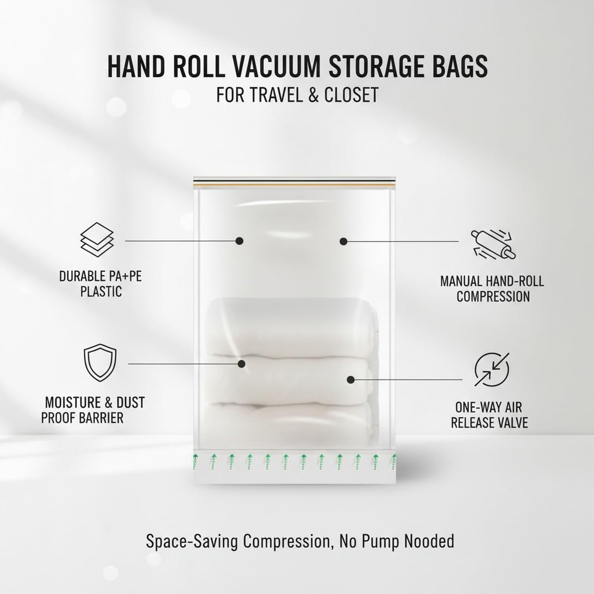 Manual Roll-Up Vacuum Storage Bag for Clothes & Bedding - Space Saver for Travel, Closet & Drawer Organization (1 Pack, Transparent)