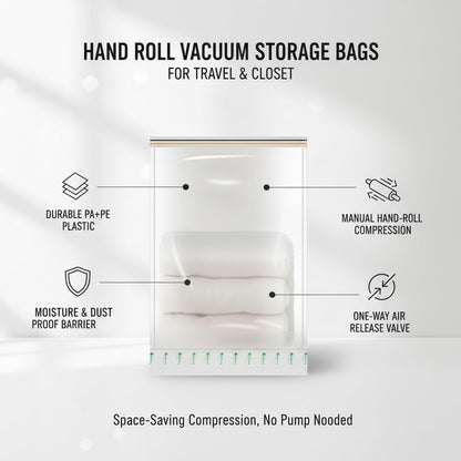 Manual Roll-Up Vacuum Storage Bag for Clothes & Bedding - Space Saver for Travel, Closet & Drawer Organization (1 Pack, Transparent)