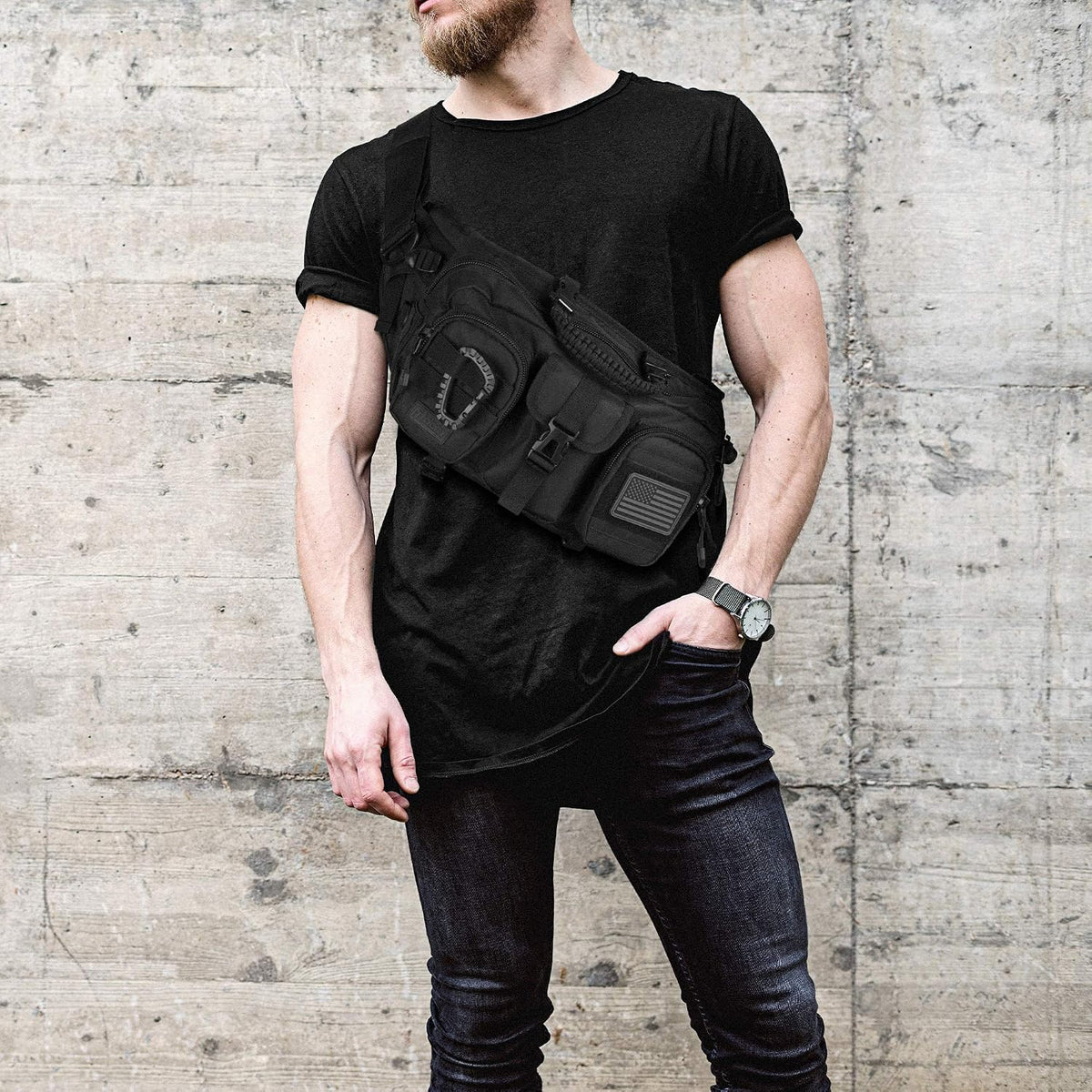 Tactical Inspired Compact Fanny Pack For Men. Perfect Techwear Accessories EDC Bag For Men. 2 Pockets Multi-Functional Waist Pack