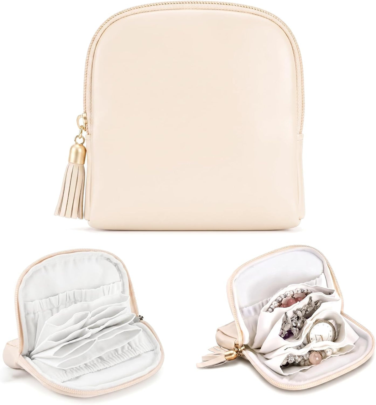 Travel Jewelry Organizer PU Leather Travel Jewelry Case Small Zipper Pouch for for Bracelet Rings Earring (Cream White)