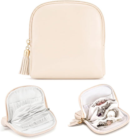 Travel Jewelry Organizer PU Leather Travel Jewelry Case Small Zipper Pouch for for Bracelet Rings Earring (Cream White)