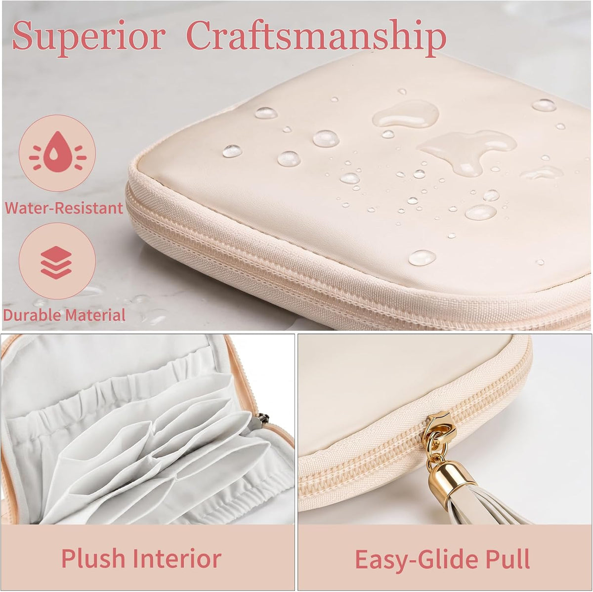 Travel Jewelry Organizer PU Leather Travel Jewelry Case Small Zipper Pouch for for Bracelet Rings Earring (Cream White)