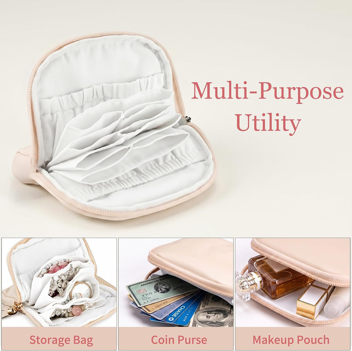 Travel Jewelry Organizer PU Leather Travel Jewelry Case Small Zipper Pouch for for Bracelet Rings Earring (Cream White)