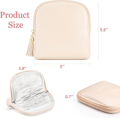 Travel Jewelry Organizer PU Leather Travel Jewelry Case Small Zipper Pouch for for Bracelet Rings Earring (Cream White)