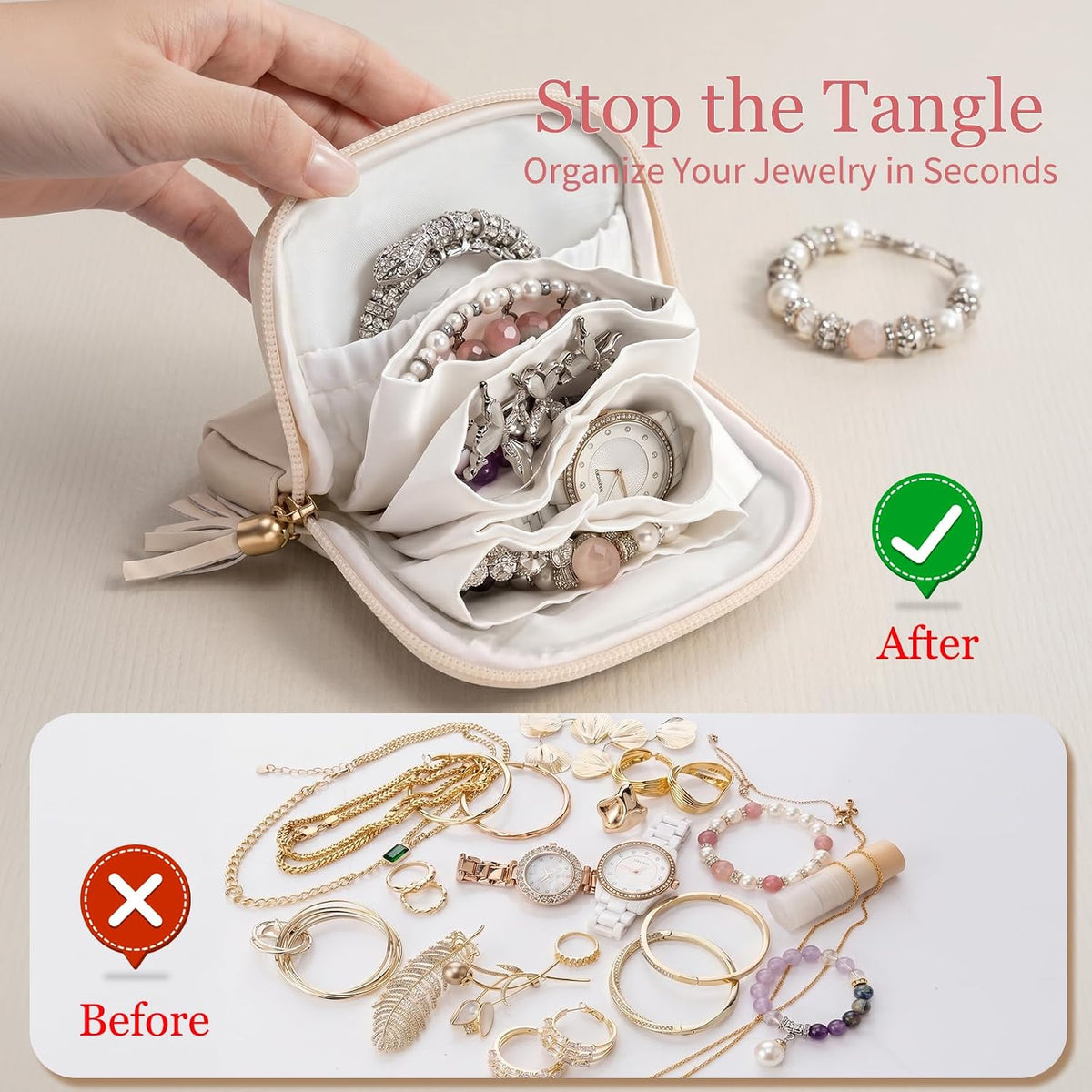 Travel Jewelry Organizer PU Leather Travel Jewelry Case Small Zipper Pouch for for Bracelet Rings Earring (Cream White)