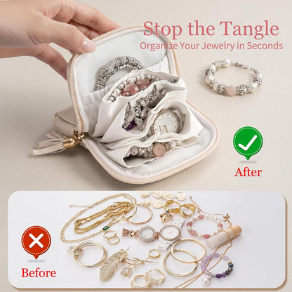 Travel Jewelry Organizer PU Leather Travel Jewelry Case Small Zipper Pouch for for Bracelet Rings Earring (Cream White)