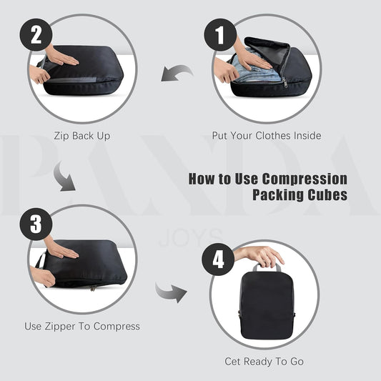 4 Set Compression Packing Cubes Travel - Travel Accessories Expandable Packing Organizers for Carry On - Essentials Luggage Bags - Black