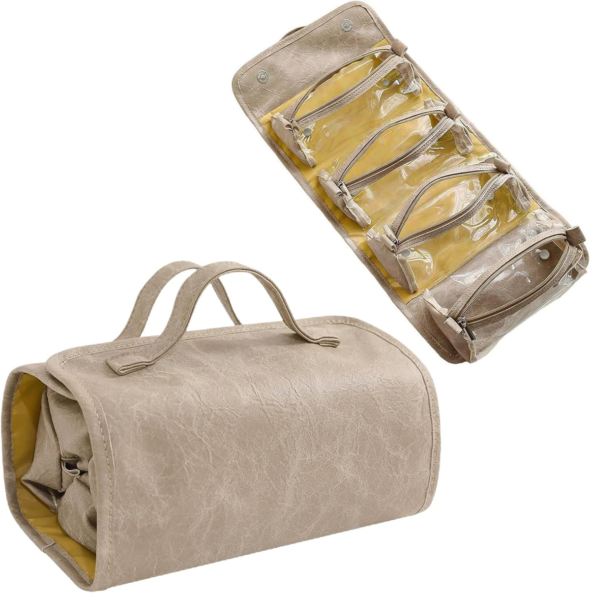 Cosmetic Bag for Women, Waterproof Foldable Travel Makeup Bag with Detachable Clear Pouches, 4-in-1 Hanging Cosmetic Organizer, Large Capacity Portable Makeup Case (Khaki)