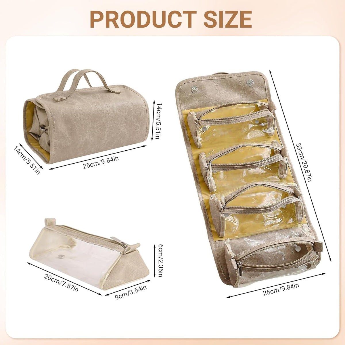 Cosmetic Bag for Women, Waterproof Foldable Travel Makeup Bag with Detachable Clear Pouches, 4-in-1 Hanging Cosmetic Organizer, Large Capacity Portable Makeup Case (Khaki)