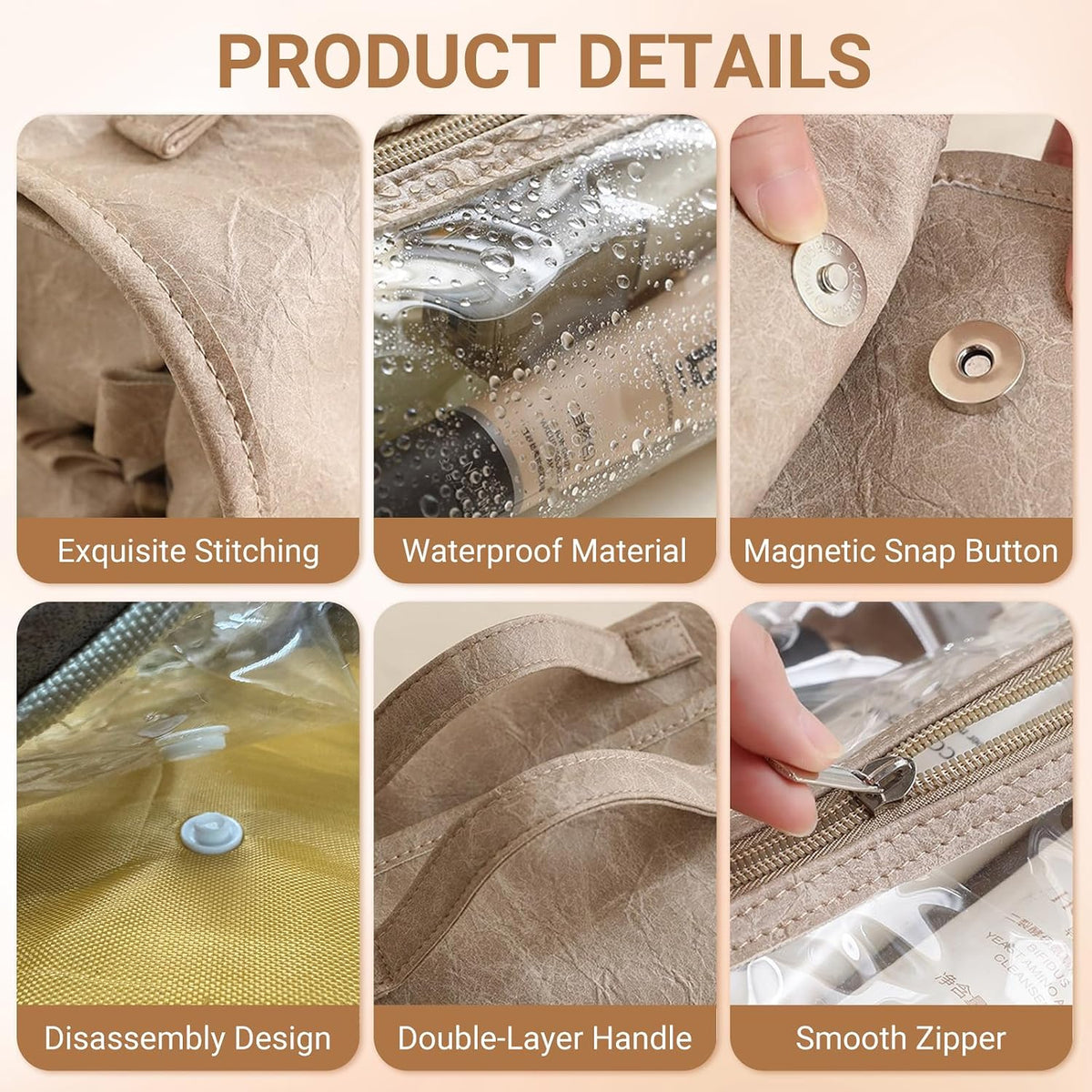 Cosmetic Bag for Women, Waterproof Foldable Travel Makeup Bag with Detachable Clear Pouches, 4-in-1 Hanging Cosmetic Organizer, Large Capacity Portable Makeup Case (Khaki)