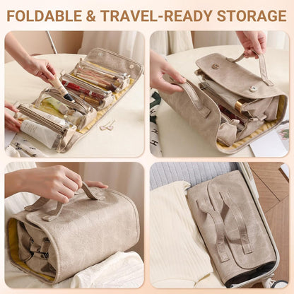 Cosmetic Bag for Women, Waterproof Foldable Travel Makeup Bag with Detachable Clear Pouches, 4-in-1 Hanging Cosmetic Organizer, Large Capacity Portable Makeup Case (Khaki)