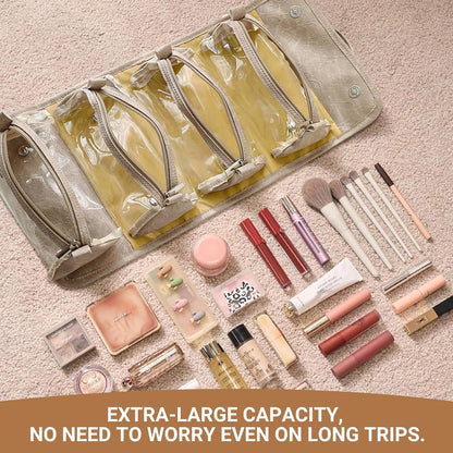 Cosmetic Bag for Women, Waterproof Foldable Travel Makeup Bag with Detachable Clear Pouches, 4-in-1 Hanging Cosmetic Organizer, Large Capacity Portable Makeup Case (Khaki)