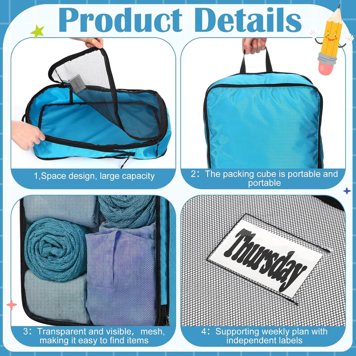 7 Pcs Packing Cubes for Travel Days of Week Compression Packing Cube with Labels Organizers Luggage Storage Bag(Blue,Large)