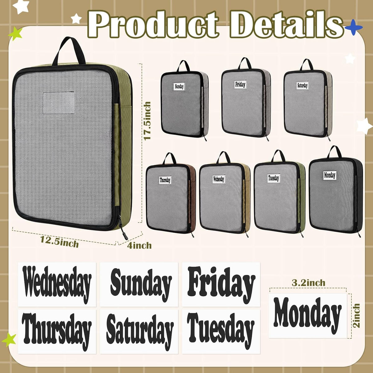 7 Pcs Packing Cubes for Travel Days of Week Compression Packing Cube with Labels Organizers Luggage Storage Bag(Blue,Large)