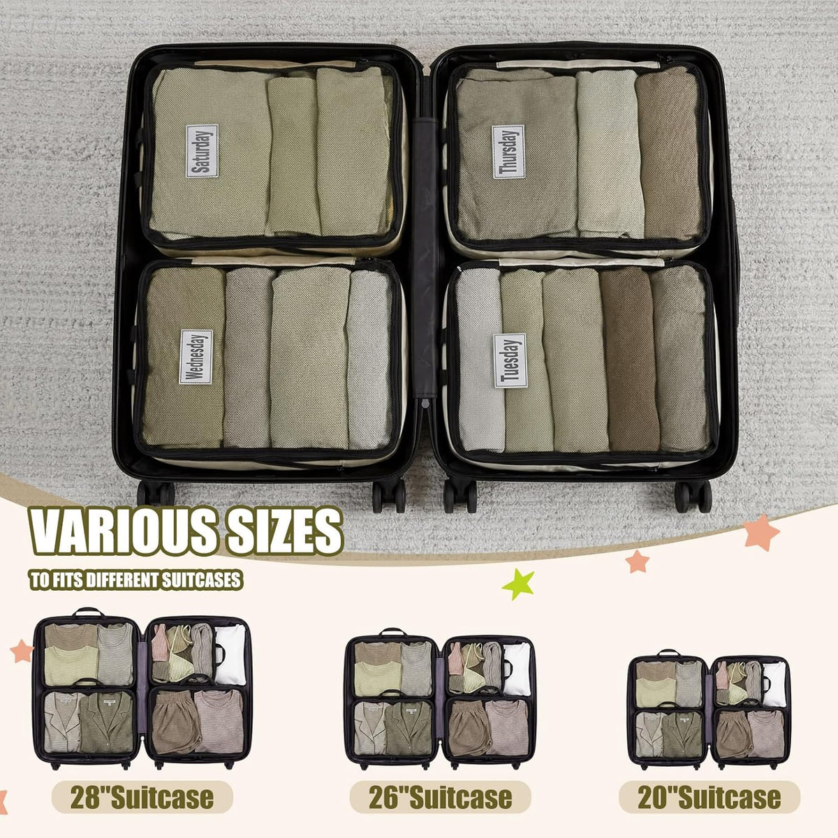 7 Pcs Packing Cubes for Travel Days of Week Compression Packing Cube with Labels Organizers Luggage Storage Bag(Blue,Large)