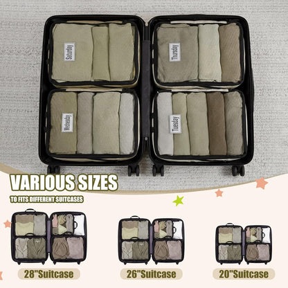 7 Pcs Packing Cubes for Travel Days of Week Compression Packing Cube with Labels Organizers Luggage Storage Bag(Blue,Large)