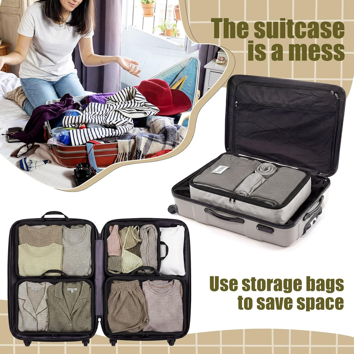 7 Pcs Packing Cubes for Travel Days of Week Compression Packing Cube with Labels Organizers Luggage Storage Bag(Blue,Large)