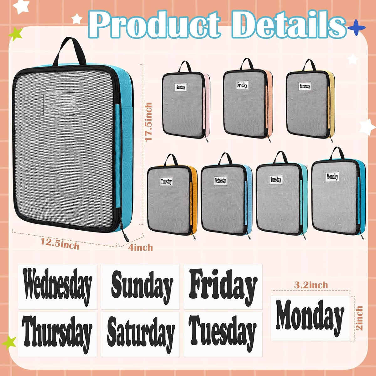 7 Pcs Packing Cubes for Travel Days of Week Compression Packing Cube with Labels Organizers Luggage Storage Bag(Blue,Large)
