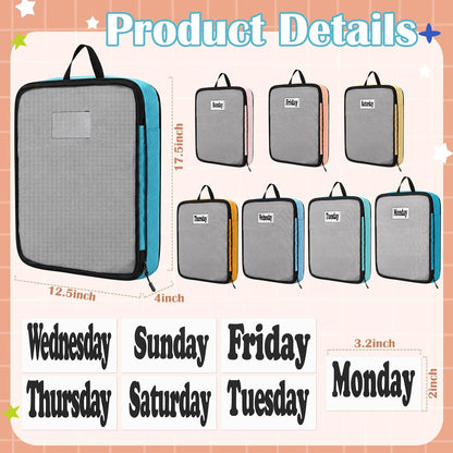 7 Pcs Packing Cubes for Travel Days of Week Compression Packing Cube with Labels Organizers Luggage Storage Bag(Blue,Large)