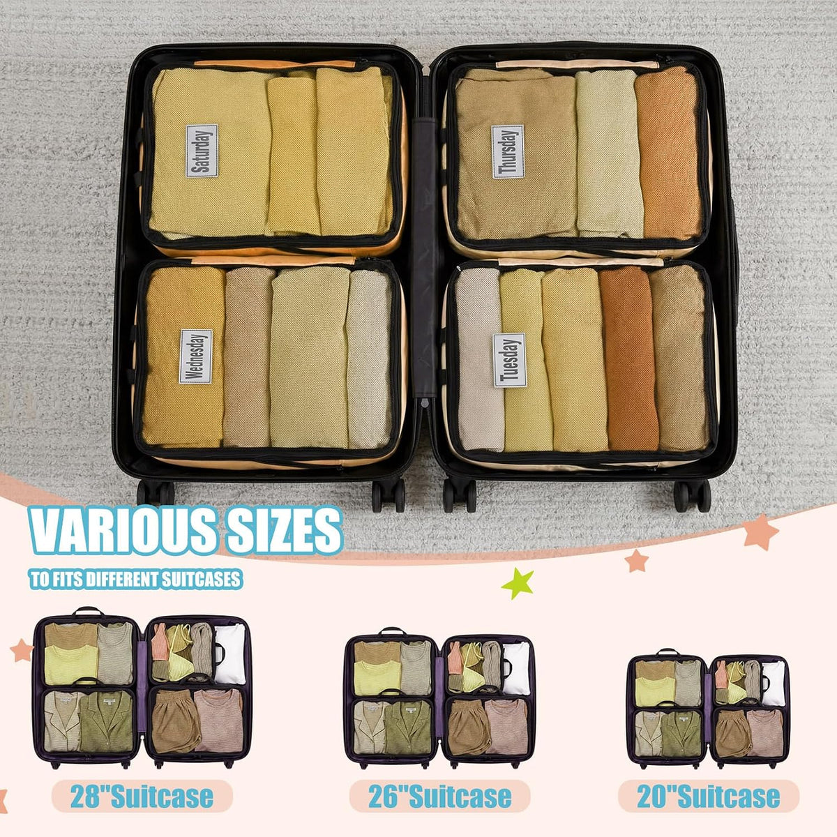 7 Pcs Packing Cubes for Travel Days of Week Compression Packing Cube with Labels Organizers Luggage Storage Bag(Blue,Large)