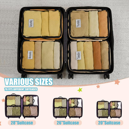 7 Pcs Packing Cubes for Travel Days of Week Compression Packing Cube with Labels Organizers Luggage Storage Bag(Blue,Large)
