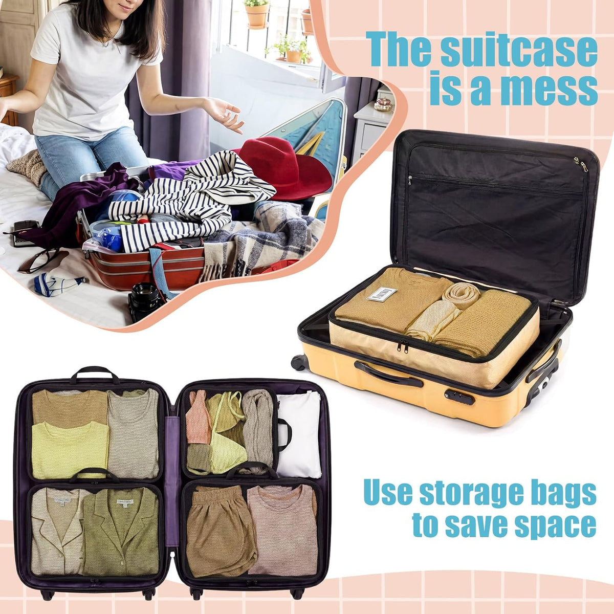 7 Pcs Packing Cubes for Travel Days of Week Compression Packing Cube with Labels Organizers Luggage Storage Bag(Blue,Large)
