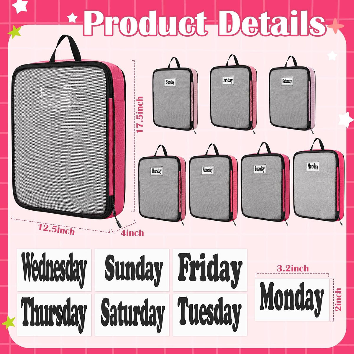 7 Pcs Packing Cubes for Travel Days of Week Compression Packing Cube with Labels Organizers Luggage Storage Bag(Blue,Large)