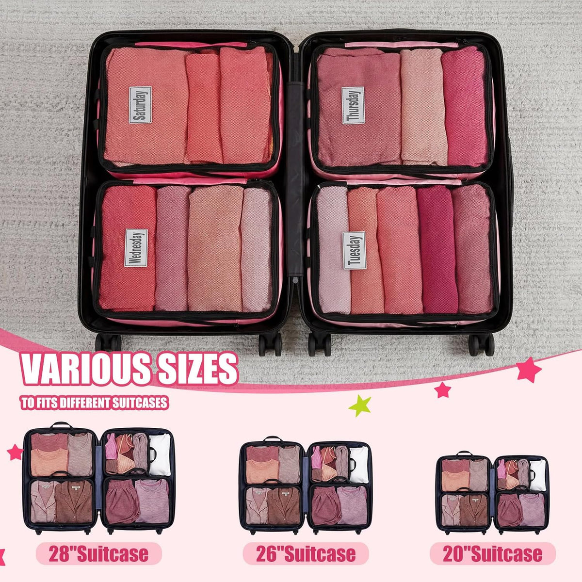 7 Pcs Packing Cubes for Travel Days of Week Compression Packing Cube with Labels Organizers Luggage Storage Bag(Blue,Large)