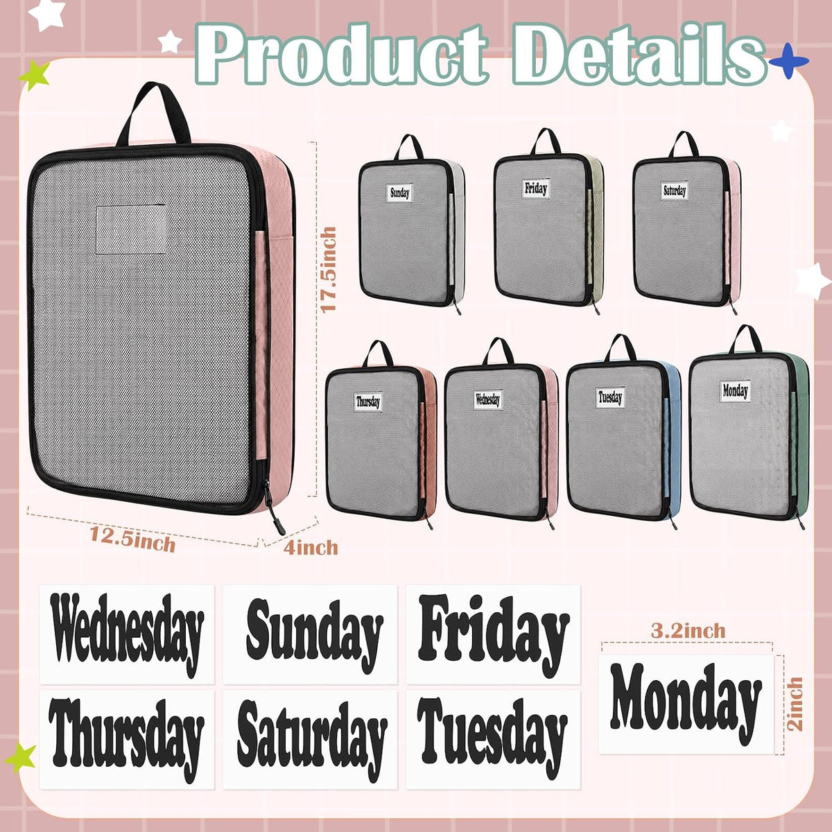 7 Pcs Packing Cubes for Travel Days of Week Compression Packing Cube with Labels Organizers Luggage Storage Bag(Blue,Large)