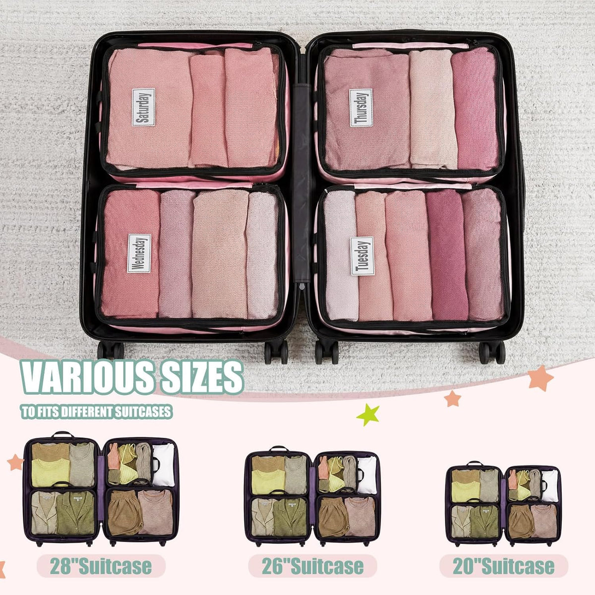 7 Pcs Packing Cubes for Travel Days of Week Compression Packing Cube with Labels Organizers Luggage Storage Bag(Blue,Large)
