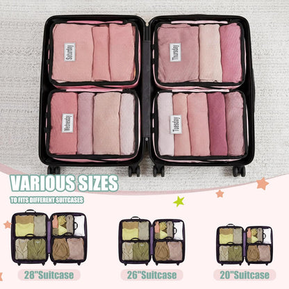 7 Pcs Packing Cubes for Travel Days of Week Compression Packing Cube with Labels Organizers Luggage Storage Bag(Blue,Large)