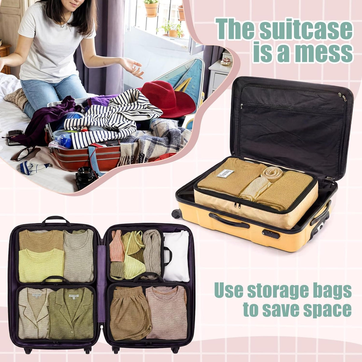 7 Pcs Packing Cubes for Travel Days of Week Compression Packing Cube with Labels Organizers Luggage Storage Bag(Blue,Large)