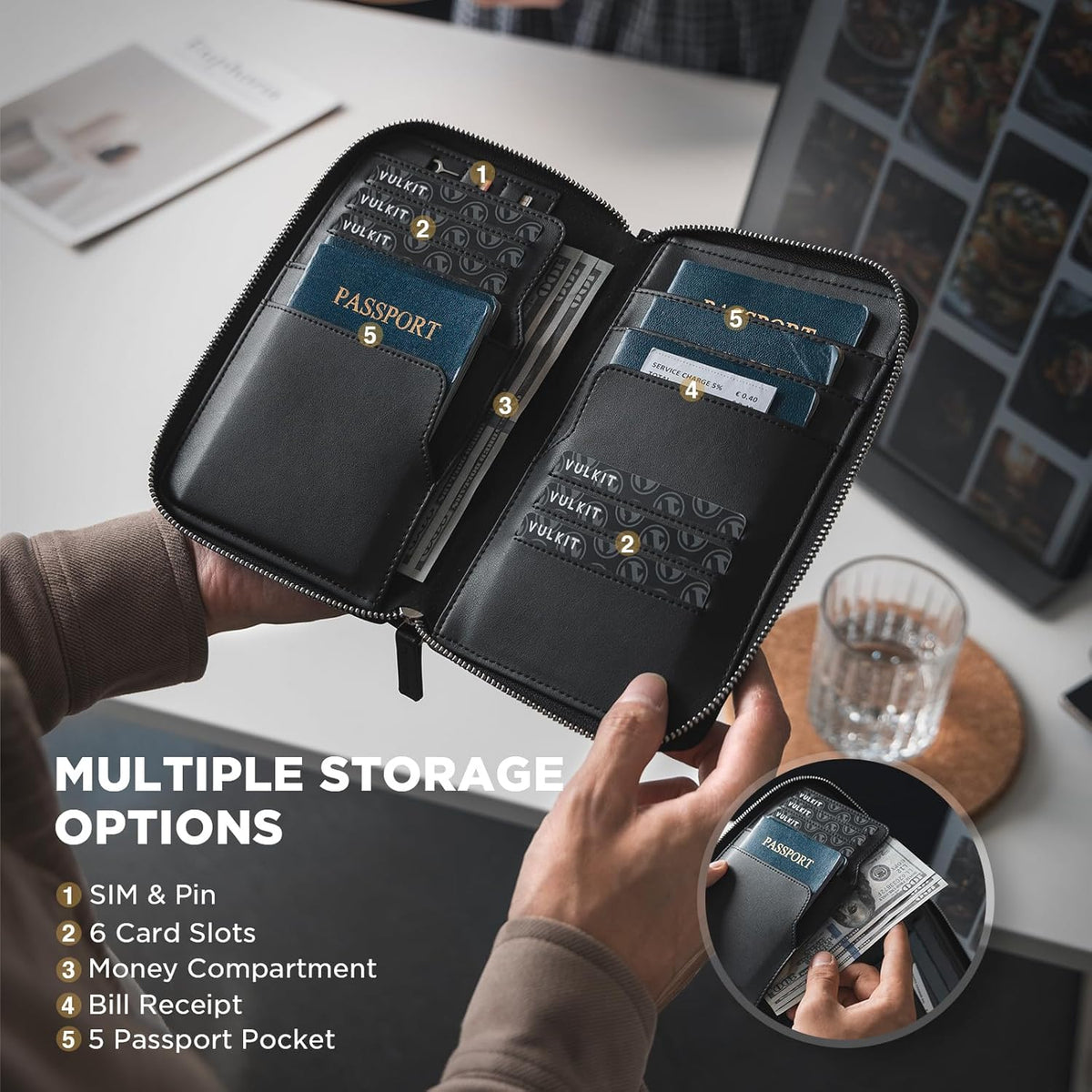 Family Passport Holder for 4 Passports, RFID Blocking Travel Wallet | 6 Card Slots, 2 SIM Pockets, Secure Zipper Closure, Holds 4 Passports, Family Travel Essential