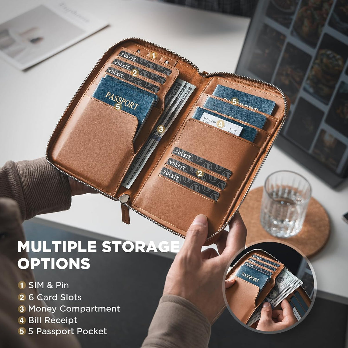 Family Passport Holder for 4 Passports, RFID Blocking Travel Wallet | 6 Card Slots, 2 SIM Pockets, Secure Zipper Closure, Holds 4 Passports, Family Travel Essential