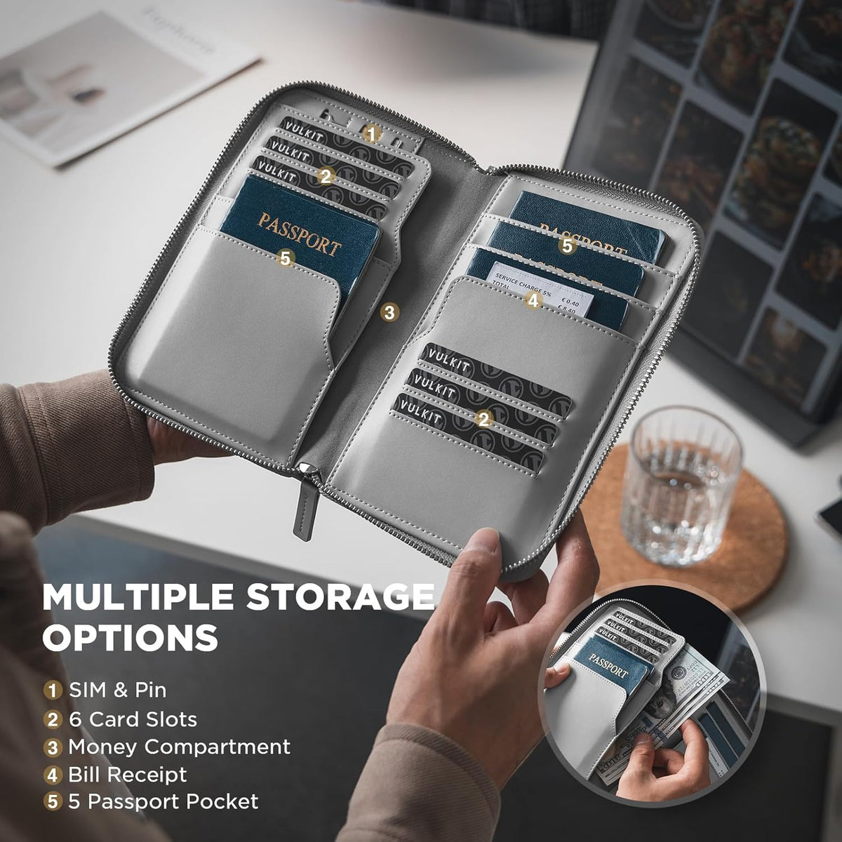 Family Passport Holder for 4 Passports, RFID Blocking Travel Wallet | 6 Card Slots, 2 SIM Pockets, Secure Zipper Closure, Holds 4 Passports, Family Travel Essential