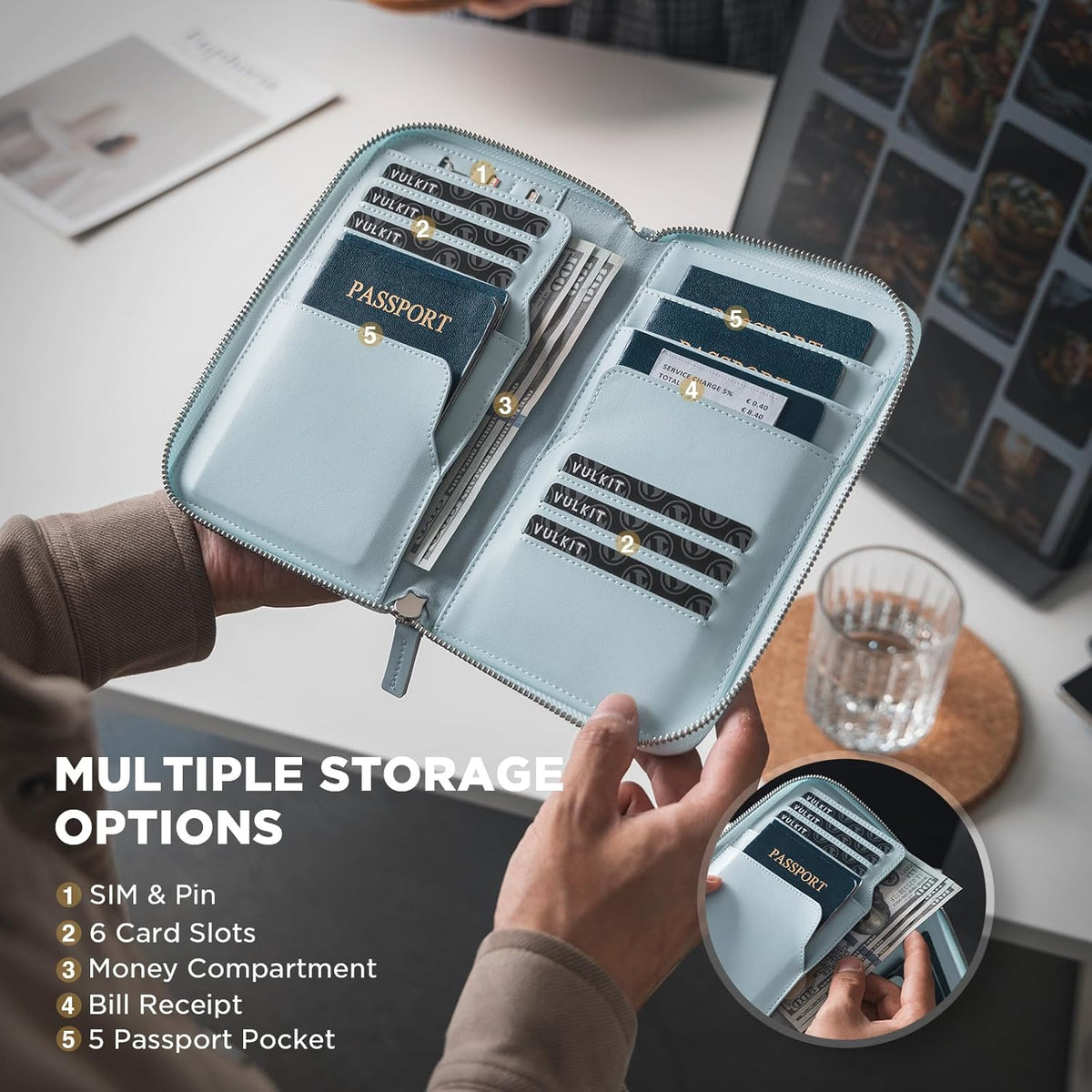 Family Passport Holder for 4 Passports, RFID Blocking Travel Wallet | 6 Card Slots, 2 SIM Pockets, Secure Zipper Closure, Holds 4 Passports, Family Travel Essential