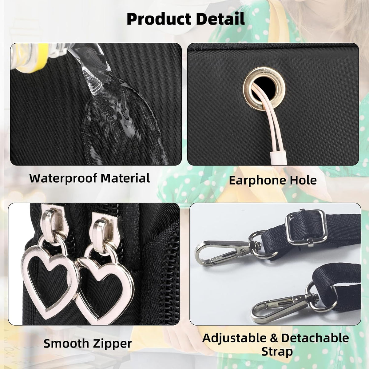 Small Crossbody Bag for Women, Multi Zip Pockets Nylon Wallet Purse Credit Card Holder with Detachable Hand Strap
