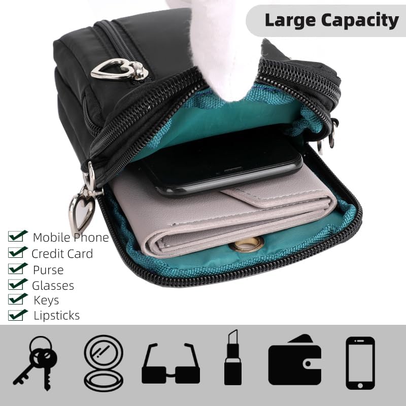 Small Crossbody Bag for Women, Multi Zip Pockets Nylon Wallet Purse Credit Card Holder with Detachable Hand Strap