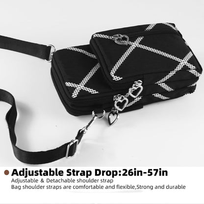 Small Crossbody Bag for Women, Multi Zip Pockets Nylon Wallet Purse Credit Card Holder with Detachable Hand Strap