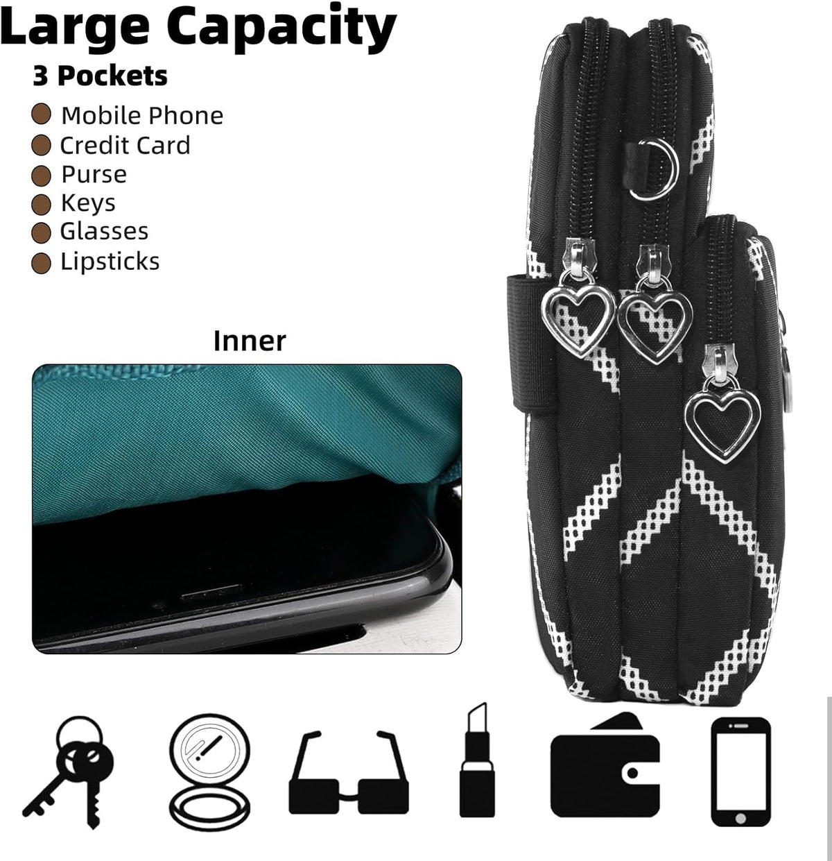 Small Crossbody Bag for Women, Multi Zip Pockets Nylon Wallet Purse Credit Card Holder with Detachable Hand Strap