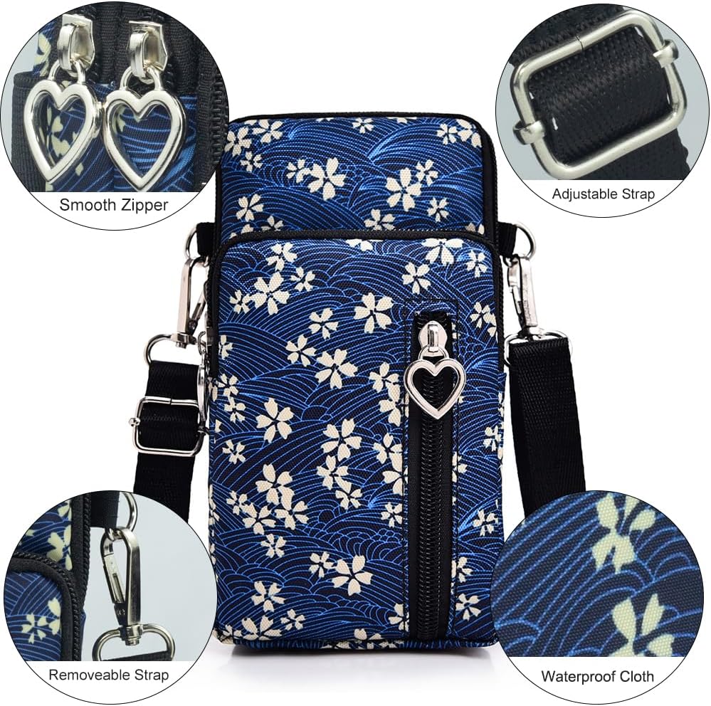 Small Crossbody Bag for Women, Multi Zip Pockets Nylon Wallet Purse Credit Card Holder with Detachable Hand Strap
