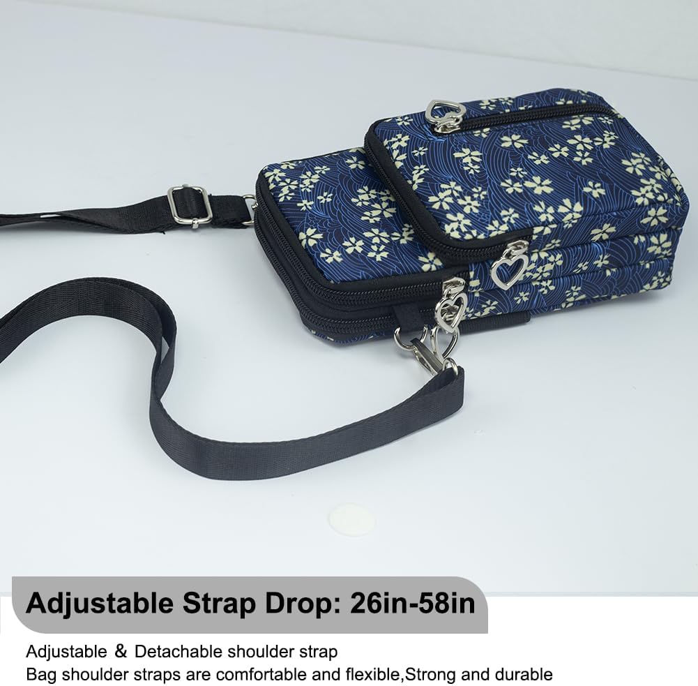 Small Crossbody Bag for Women, Multi Zip Pockets Nylon Wallet Purse Credit Card Holder with Detachable Hand Strap