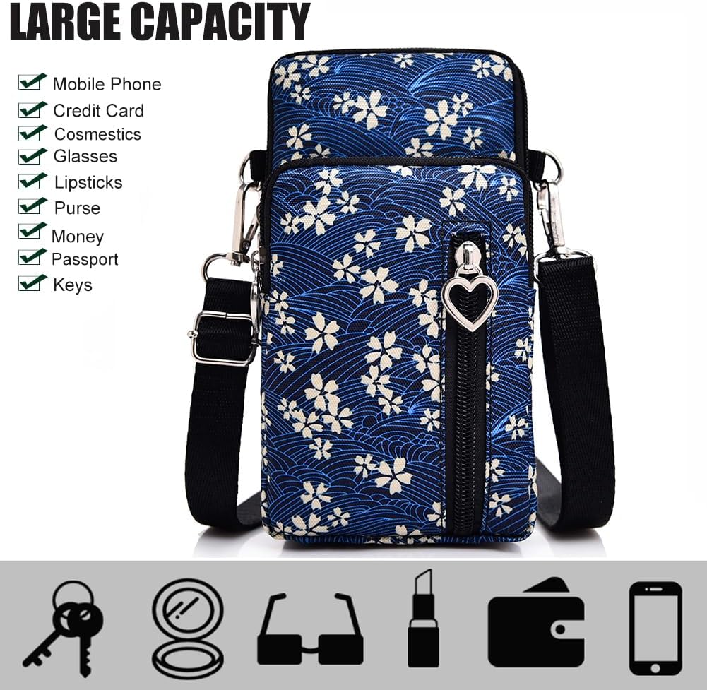 Small Crossbody Bag for Women, Multi Zip Pockets Nylon Wallet Purse Credit Card Holder with Detachable Hand Strap