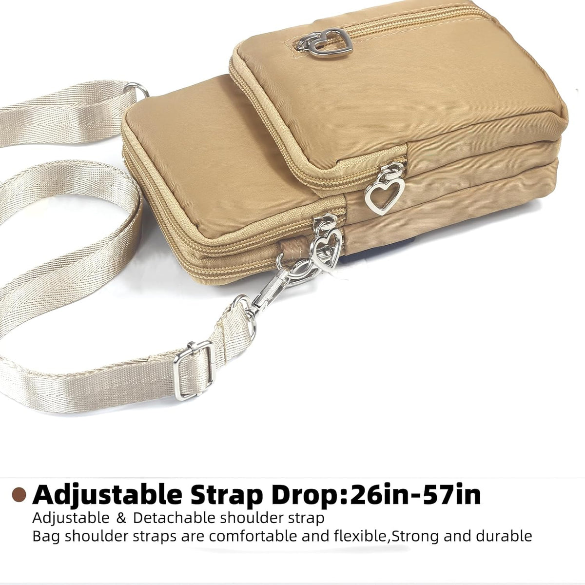Small Crossbody Bag for Women, Multi Zip Pockets Nylon Wallet Purse Credit Card Holder with Detachable Hand Strap