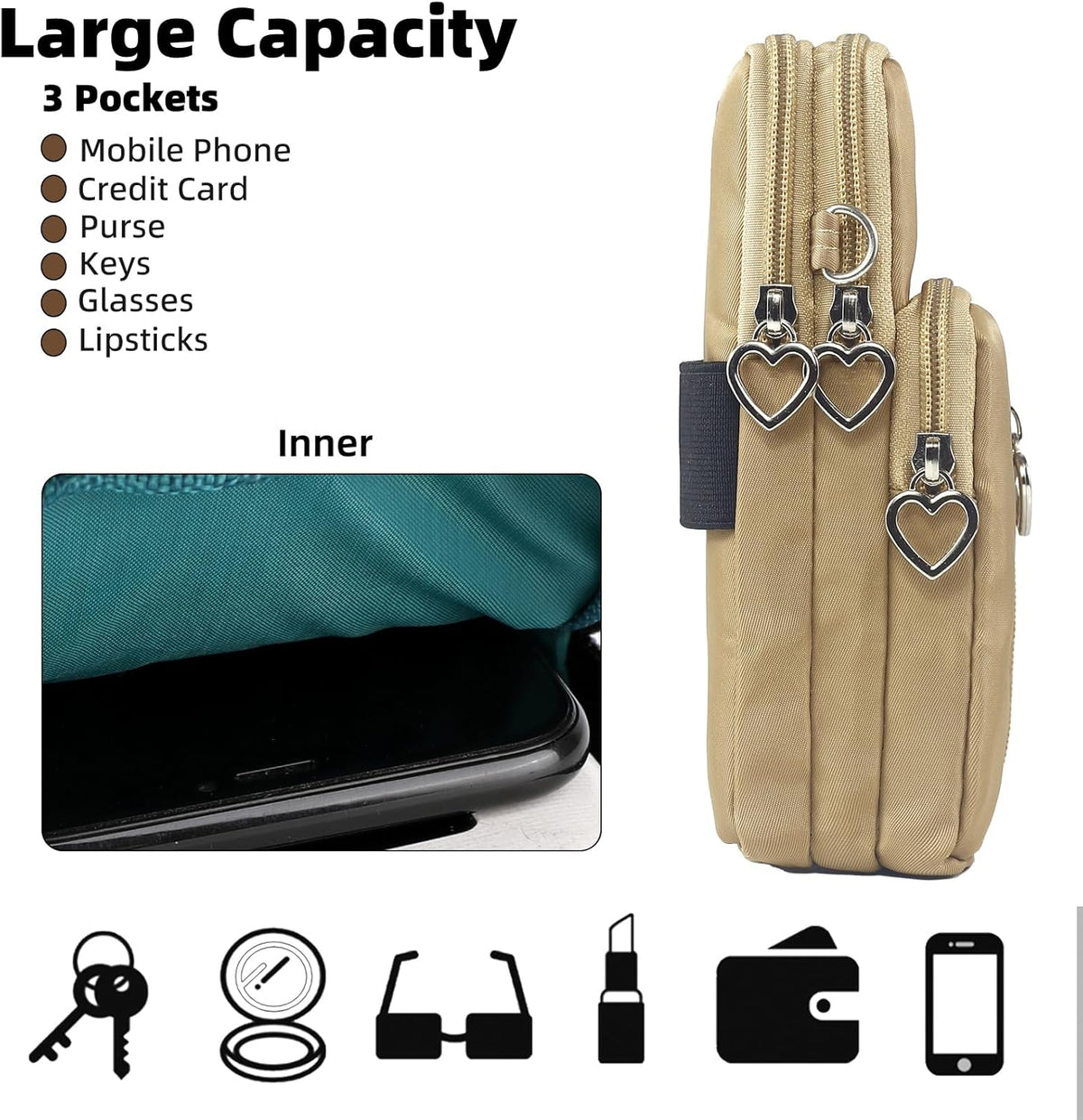 Small Crossbody Bag for Women, Multi Zip Pockets Nylon Wallet Purse Credit Card Holder with Detachable Hand Strap