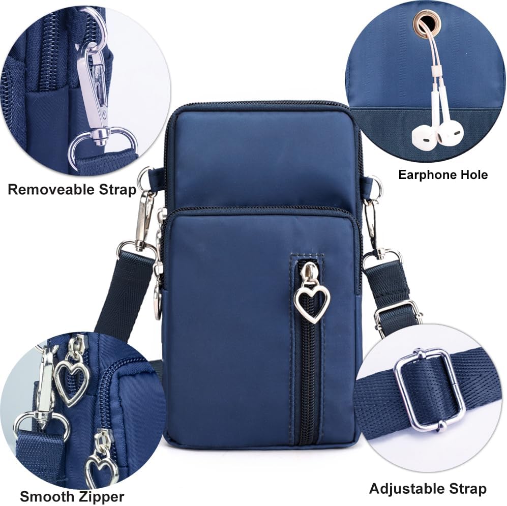 Small Crossbody Bag for Women, Multi Zip Pockets Nylon Wallet Purse Credit Card Holder with Detachable Hand Strap