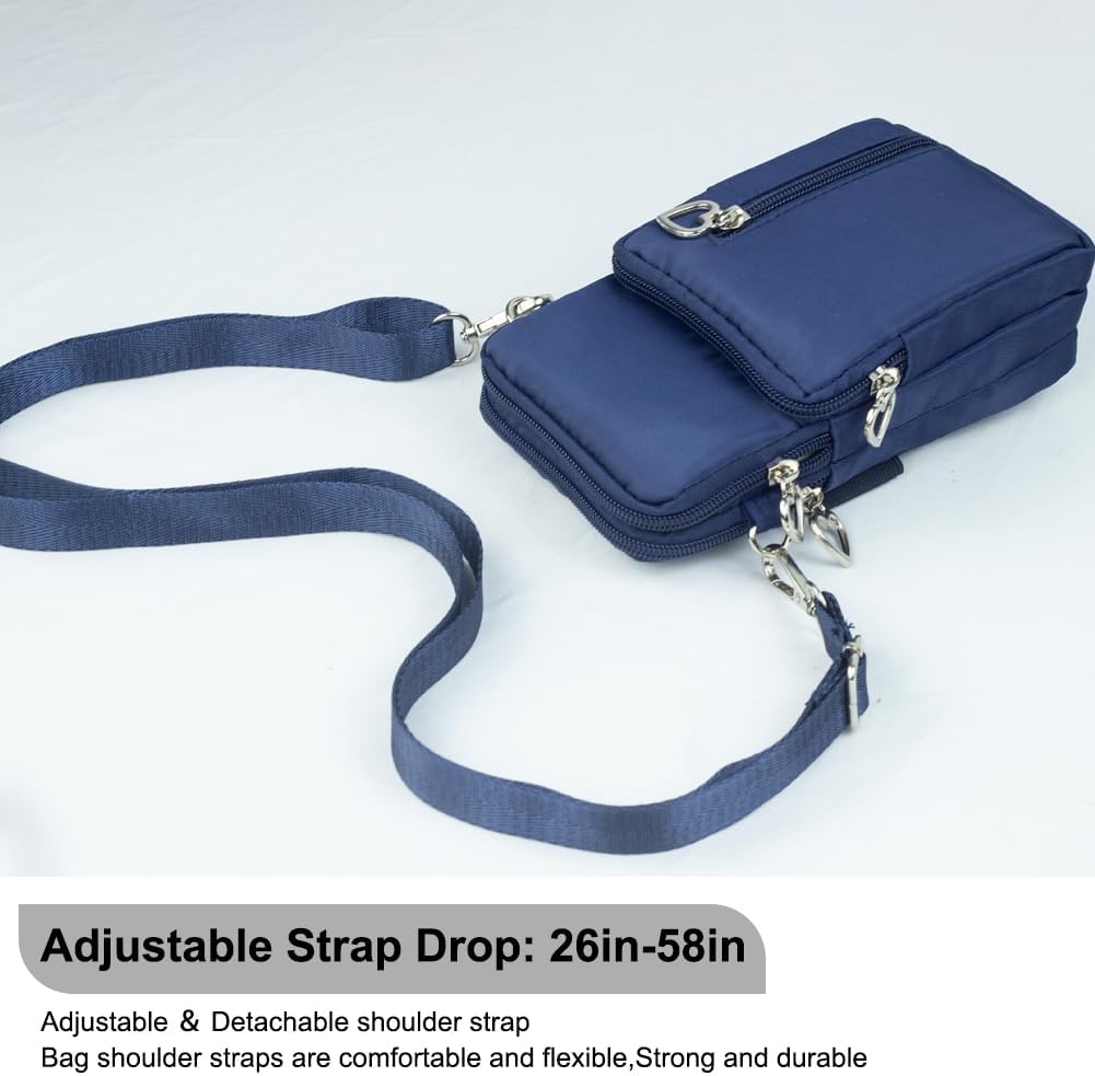 Small Crossbody Bag for Women, Multi Zip Pockets Nylon Wallet Purse Credit Card Holder with Detachable Hand Strap