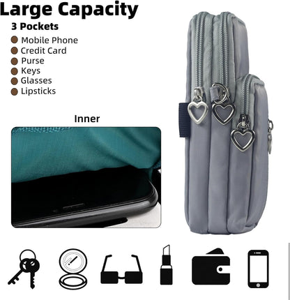 Small Crossbody Bag for Women, Multi Zip Pockets Nylon Wallet Purse Credit Card Holder with Detachable Hand Strap